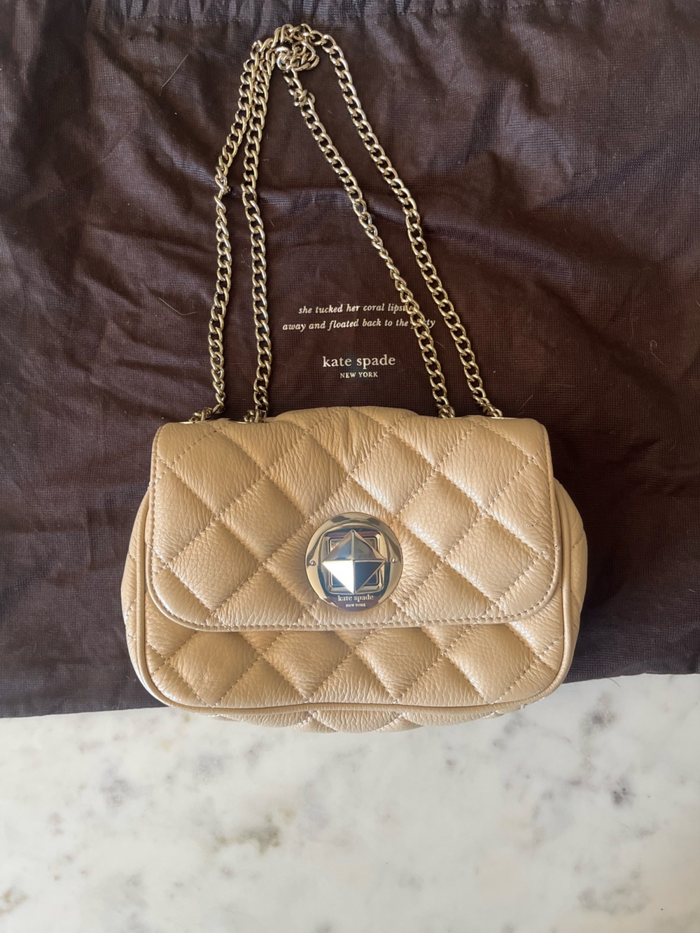 kate spade Quilted Taupe Leather Chain Crossbody with Gold-Tone Hardware